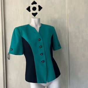 Short sleeve blazer jacket in teal turquoise and navy with embellished buttons